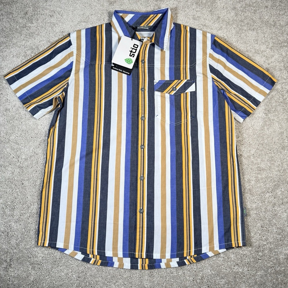 Stio Men's Large Purple Black Golf‎ Stripe Curtis Camp Rodeo Button Up Shirt - Picture 2 of 8